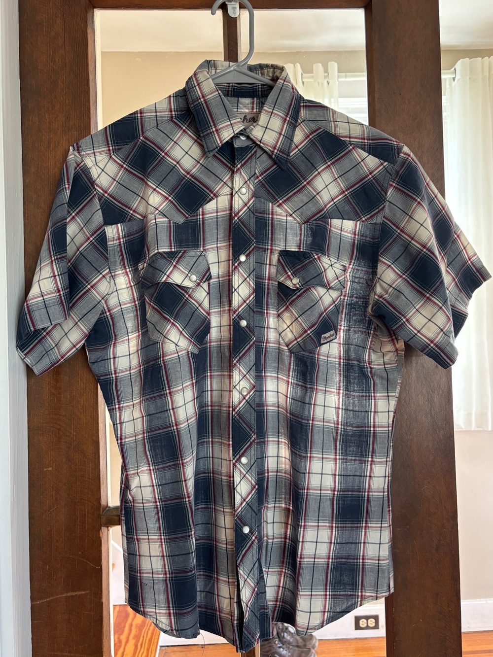 Wrangler Wrancher Short Sleeve Pearl Button Up Plaid Shirt